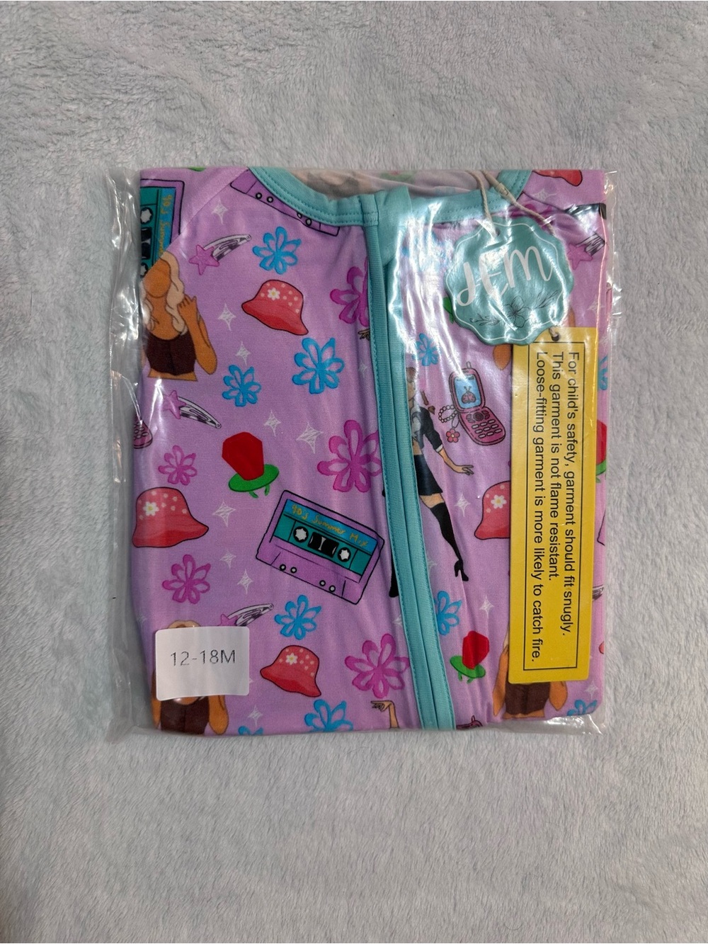 JEM Lavender Floral & Retro Cassette Zip Footie with Aqua Trim